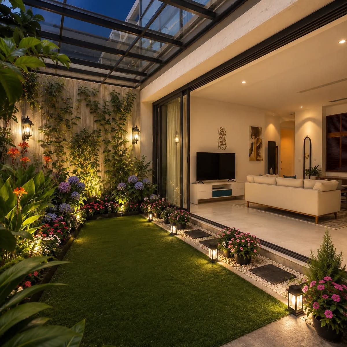 Living integrado ao jardim de um apartamento Orizon